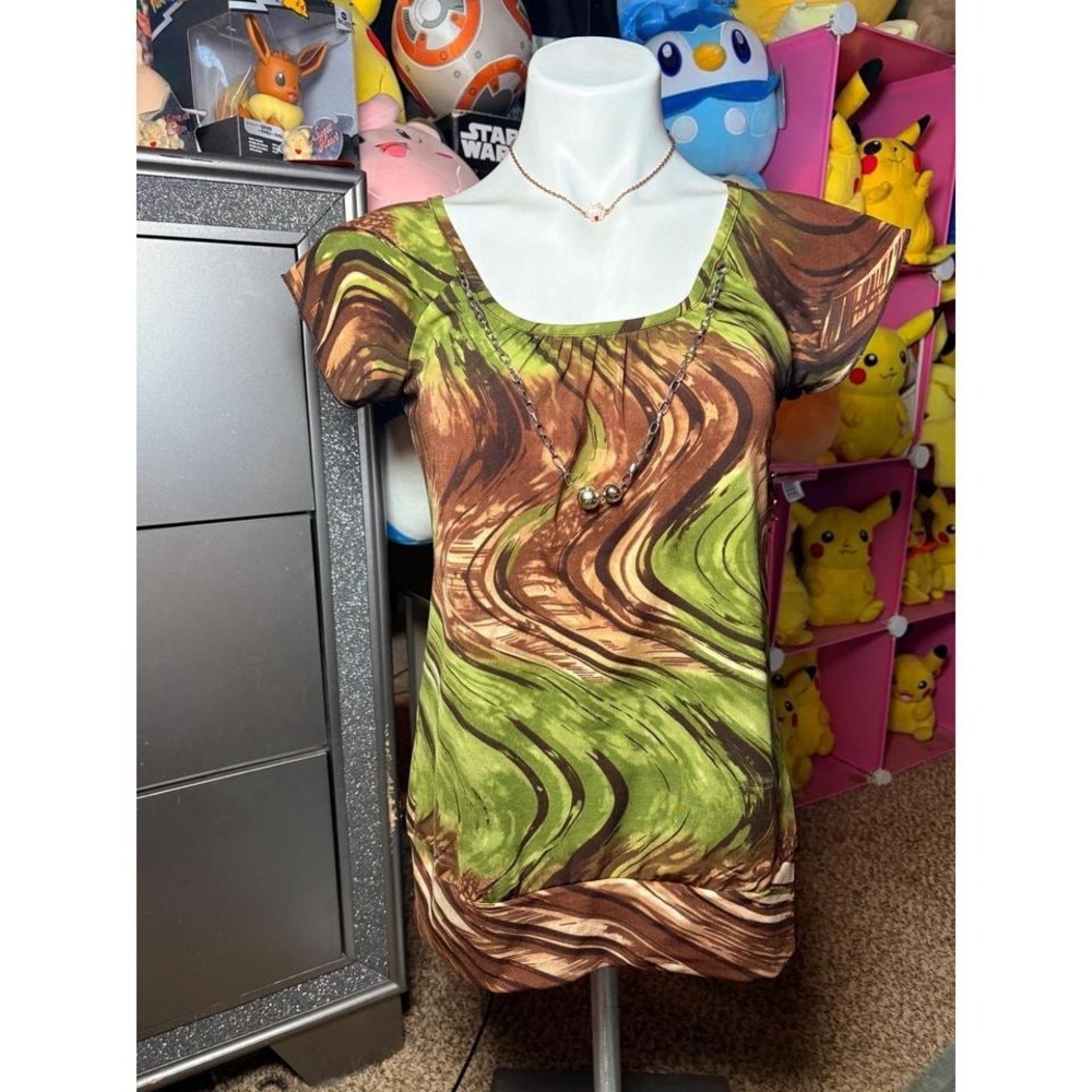 Y2K Agenda Petite Green Brown Abstract Swirl Keyhole Back Short Sleeve Top PM #2